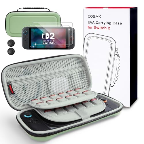 CoBak Large Capacity Carrying Case for Nintendo Switch 2 (2025) | 3 in 1 Accessories Bundle with 2 Screen Protectors, Thumb Grip Caps, 24 Game Cartridges, Hard Shell Portable Travel Pouch - color: Matcha, size: 7.9 inch