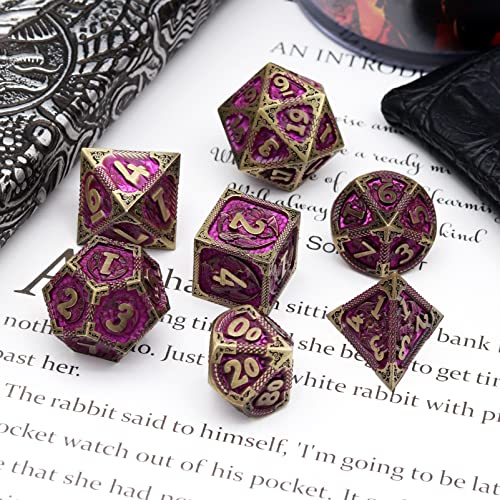 Haxtec Metal Dice Set Purple Black Dragon Pattern Metal DND Dice with Leather Dice Bag Polyhedral D&D Dice Compatible with Dungeons and Dragons TTRPG Gifts - color: Bronze Matt Purple