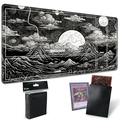 MTG Playmat with Zones, TCG Card Game Play Mat with Stitched Edges, Non-Slip Rubber Base Gaming Desk Mat, Smooth Surface 24 x 14 Inch, Black and White Landscape - color: Black and White Landscape, size: Zone 1