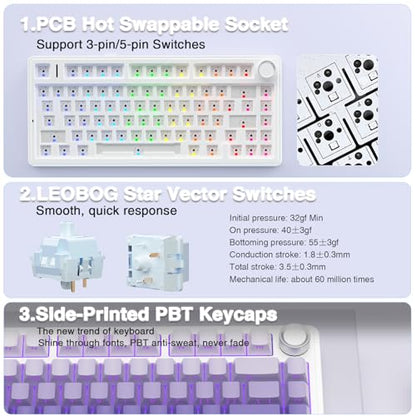 AULA F75 Pro Wireless Mechanical Keyboard,75% Hot Swappable Custom Keyboard,RGB Backlit,Pre-lubed Linear Switches,Side Printed PBT Keycaps Mechanical Gaming Keyboards,Gradient Purple - color: F75 Pro-Gradient Purple