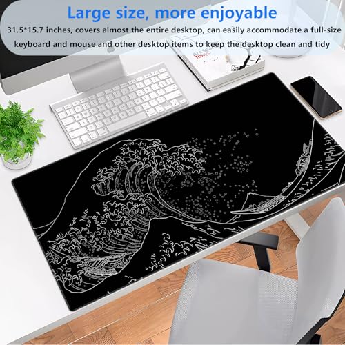Great Wave Desk Mat, Black White Line Art Large Gaming Mousepad | Minimalist black and white wave desk pad with 3mm dense cushion, smooth cloth top, and non-slip rubber foundation. - color: Ukiyo-e of the Waves