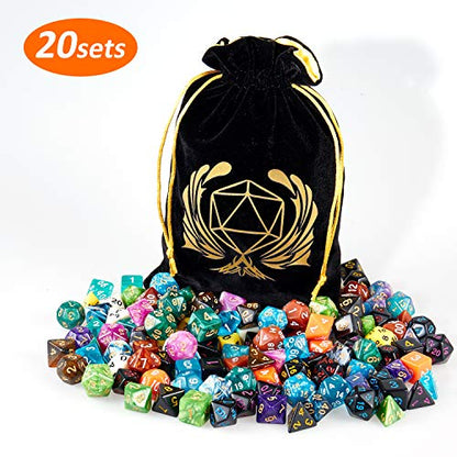Coyeekn 20-Set DND Polyhedral Dice with Storage Pouch | 140 Total Polyhedral Dice, 7 Per Set, 20 Complete Dice Sets (D4-D20), Great for D&D, MTG & Tabletop RPG Games - color: 20set-140pcs