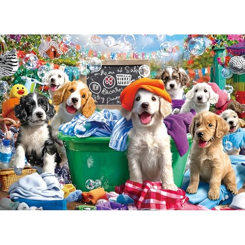 Puppy Party 1000 Piece Jigsaw Puzzle for Adults Dog Playful Scene Colorful Clothes Laundry Day Puzzles with Letters on Back Adult Games for Game Night Fun, 27x20 Inch - color: Colorful-puppy Party
