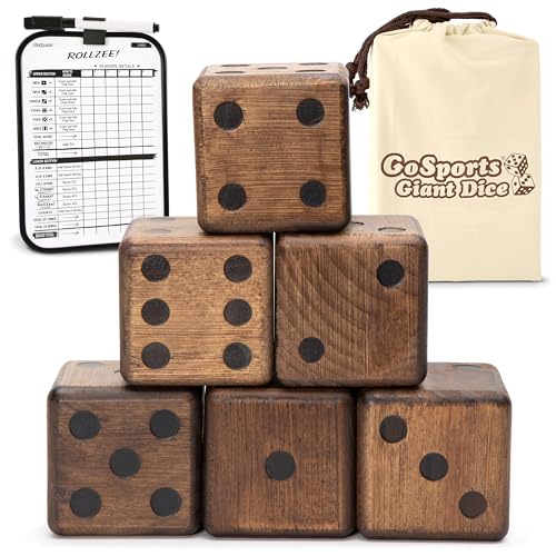 GoSports Giant Wooden Playing Dice Set with Rollzee and Farkle Scoreboard - Includes 6 Dice, Dry-Erase Scoreboard and Canvas Tote Bag - Choose 2.5 Inch or 3.5 Inch Dice) - style: 3.5 Inch Stained Wood Dice