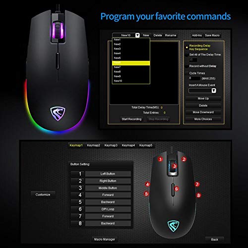 RGB Gaming Mouse Wired LED - FL G52 Backlit Optical USB Mouse with 8 Programmable Buttons, Comfortable Hand Feeling Mouse for Laptop PC Computer Gamer (Black)