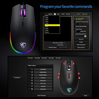 RGB Gaming Mouse Wired LED - FL G52 Backlit Optical USB Mouse with 8 Programmable Buttons, Comfortable Hand Feeling Mouse for Laptop PC Computer Gamer (Black)