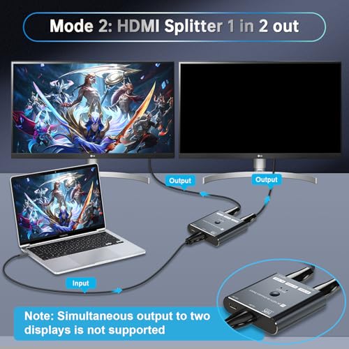 4K 240Hz HDMI 2.1 Bi-Directional Switch - 2 in 1 Out Switcher/1 in 2 Splitter Supports 8K@60Hz & 4K@60Hz,Compatible with PS5，Xbox，Roku Firestick ，Computers，etc