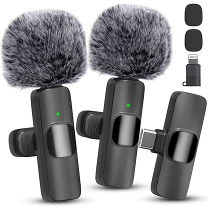 Wireless Microphone for iPhone, Android Wide Compatibility Noise Reduction Clear Sound Lavalier Microphone for Podcast, Video Recording, Live Streaming, YouTube, Tiktok, Vlog, 2 Pack