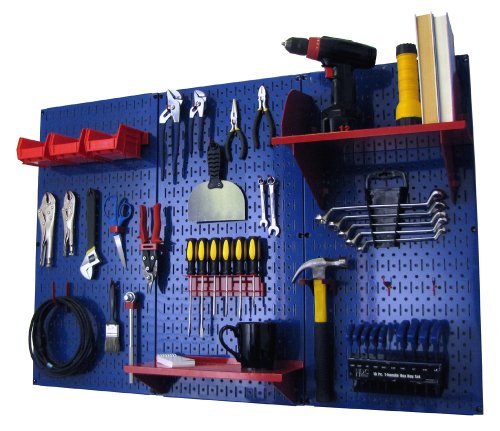 Wall Control Pegboard Organizer 4 ft. Metal Pegboard Standard Tool Storage Kit with Blue Toolboard and Red Accessories - color: Blue Pegboard with Red Accessories