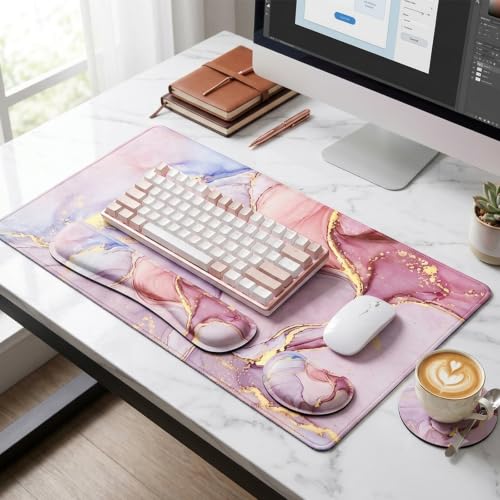 Large Mouse Pad with Wrist Rest, 4-in-1 Wrist Rest for Keyboard and Mouse | Non-Slip Waterproof Desk Mat Set, 35.4"x15.7" Desk Mat+Keyboard Wrist Rest+Mouse Wrist Support+Cup Coaster for Home Office - color: 4Pcs-Pink Marble