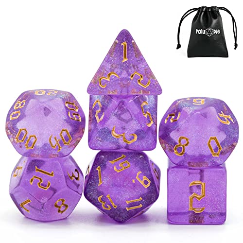 7-Die DND Dice Set Polyhedral Dice Set with a Leather Dice Bag, D&D Dice Set for RPG Table Games (Purple/G) - color: Purple/G