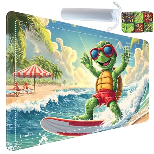for MTG Card Playmat with Zones-Includes A Storage Bag and 6 Dice, 24 x 14 inches for TCG Playmat with Non-Slip Rubber, Game Mat, Surfing Sea Turtle - color: Yux-playmats-2-2A-275