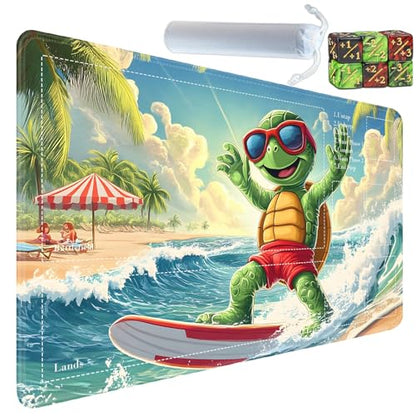 for MTG Card Playmat with Zones-Includes A Storage Bag and 6 Dice, 24 x 14 inches for TCG Playmat with Non-Slip Rubber, Game Mat, Surfing Sea Turtle - color: Yux-playmats-2-2A-275