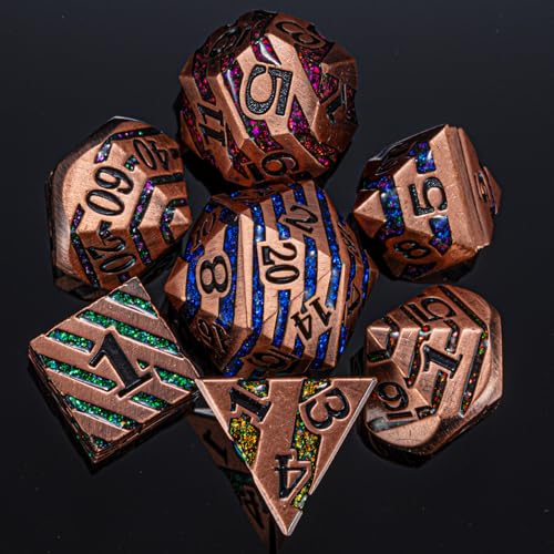 DND Dice Set Dungeons and Dragons Dice d20 Metallic Stripes Dice w/ Gift Case, Polyhedral Dice Sets Tabletop Games D&D Dice MTG Pathfinder Role Playing Game (Antique Red Copper Seven Colors) - color: Antique Red Copper Seven Colors
