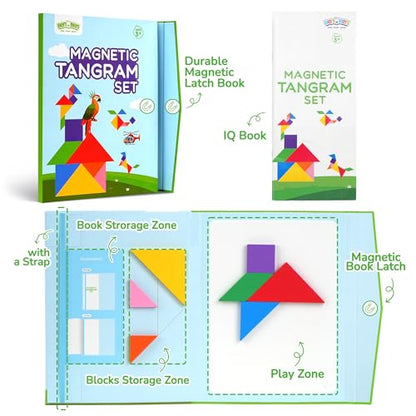 BenBen Travel Tangram Puzzle with Magnetic Wooden Shapes for Kids 4-8 8-12 | Extra Large Dual-Sided Magnet Surface, Color Pattern IQ Book, Road Trip Car Plane Game, Educational STEM Toys for Kids Adults - style: 7 Pieces Blocks