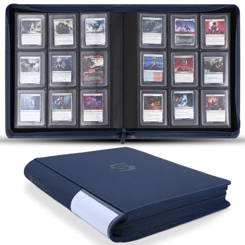 Snekdy Top loader Binder, 9 Pockets Top Loader，Holds 360 Top Loaders cards, Card binder with Sleeves for card in 3 x 4 inches color smooth Zipper PU Leather (Blue) - color: Blue