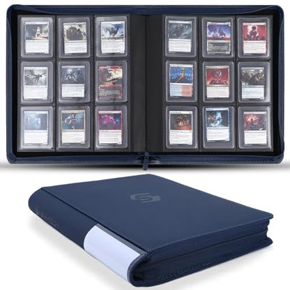 Snekdy Top loader Binder, 9 Pockets Top Loader，Holds 360 Top Loaders cards, Card binder with Sleeves for card in 3 x 4 inches color smooth Zipper PU Leather (Blue) - color: Blue