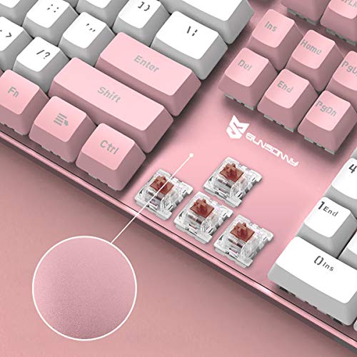 Merdia 104 Keys Full Size Mechanical Keyboard | Brown Switch, Pink & White Color 104 Keys US Layout Led Backlit Hot Swappable Wired Mechanical Light Up Pink Keyboard | Wired Gaming Computer Keyboards - color: Brown Switch Pink & White