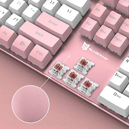 Merdia 104 Keys Full Size Mechanical Keyboard | Brown Switch, Pink & White Color 104 Keys US Layout Led Backlit Hot Swappable Wired Mechanical Light Up Pink Keyboard | Wired Gaming Computer Keyboards - color: Brown Switch Pink & White