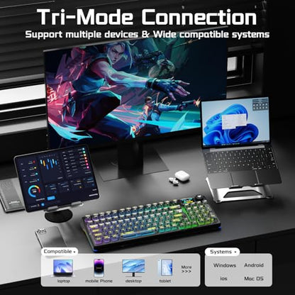 Aula F98Pro V3 Wireless Mechanical Keyboard with Screen & Knob,Tri-Mode Hot Swappable Computer Keyboards,10000mAh Battery,Clear Keycaps RGB Backlit Gasket Mount Black Gaming Keyboard for PC/Office - color: Black