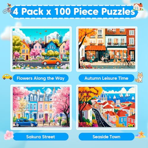 4 Packs 100 Piece Puzzles for Kids Adults, 4 in 1 Jigsaw Puzzles for Kids Ages 6-8 8-10, Beautiful House Large Piece Puzzle for Seniors Learning Educational Children Puzzle 5-8 for Boys and Girls - style: Beautiful House