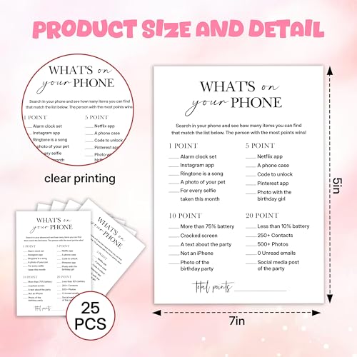 Birthday Party Game for Adults – “What’s on Your Phone?” Paper Game Cards, 25 Icebreaker Sheets for Adult Birthday Celebrations & Social Parties - A07 - color: What's on Your Phone