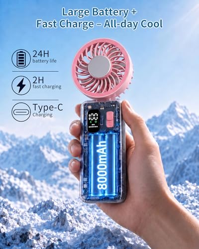 Portable Handheld Fan with Ice Cooling, 100 Speed Rechargeable Mini Desk Fan, Up to 12Hrs Cooling, Powerful Folding Personal Fan for Travel, Camping, Office (Pink) - color: Pink