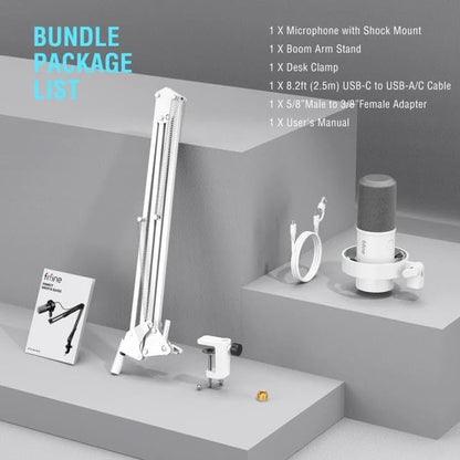FIFINE AmpliTank K688CTW Dynamic Microphone with Boom Arm, XLR/USB Mic | Studio Vocal Podcast Mic Kit for PC, with Mute Button, Volume Knob, Headphone Jack, for Streaming Recording, White - size: K688CT White