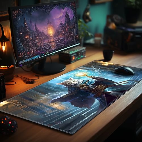 Playmat 24" x 14" Game Mats Tabletop Magic for MTG/TCG Cards, Trading Card Game Playing Stitched Play Mats Commander Deck Gaming Desk Mat Card Gameplay Mats, Cat Wizard Casting Spell - color: Cat Wizard Casting Spell, size: 24"X14"