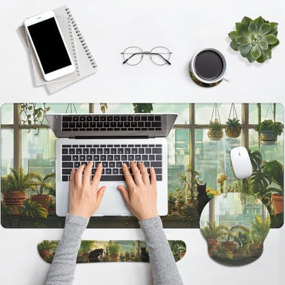 Britimes Cute Cat Keyboard Mouse Pad Set Green Plants 4in1 Large Mousepad+Keyboard Wrist Rest+Mouse Wrist Rest+Coaster Ergonomic Design for Home Office Computer 35.4x15.7 inches - color: Black Cat