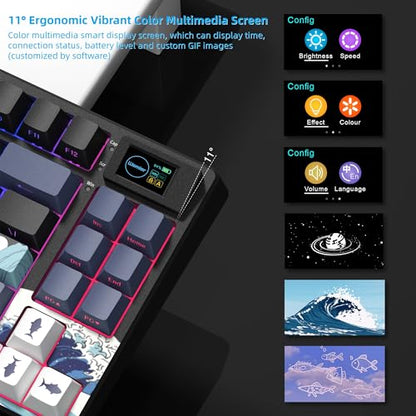Womier 75% Wireless Mechanical Keyboard with Color Multimedia Screen | Anime Gaming Creamy Keyboard,3-Modes Hot Swap Kanagawa Theme Keyboard w/Wrist Rest,Gasket RGB Custom for Mac/Win,SK80 PRO - color: Anime Black