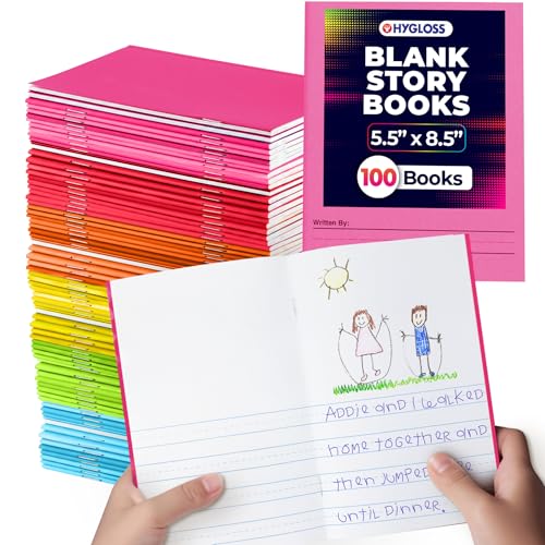 Hygloss Half Blank Books for Kids to Write Stories & Illustrate – Bulk 100 Pack – 5.5" x 8.5" A5 Primary Journal for Grades K-2, Preschool/Kindergarten Notebook with Picture Space – 24 Pages, Colored - color: Assorted Colors, style: 100 Books