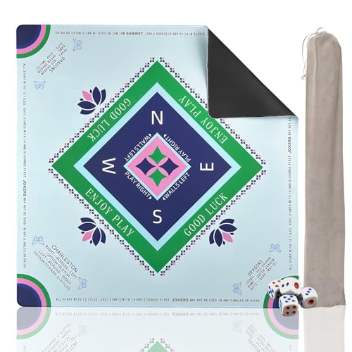 Mahjong Mat with Rules, 31.5" x 31.5" Non-Slip Noise Reduction Table Cover, American Mah Jongg Mat for Table with Carry Bag, Waterproof Gaming Surface for Poker, Card, Dominoes, Board & Tile Games - color: Blue Lotus