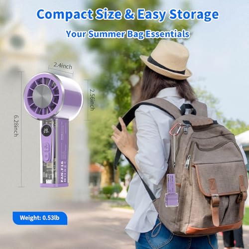 Portable Handheld Fan with Ice Cooler, 5000mAh Battery, 6 Speeds, LED Digital Display, Turbo High Speed Personal Fan, Transparent Design for Travel, Summer, Outdoor, Concerts, Purple - color: Purple