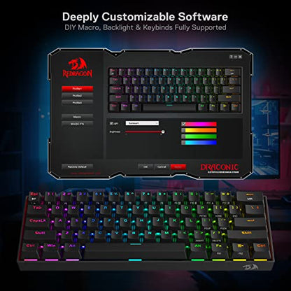 Redragon K530 Pro Draconic 60% Wireless RGB Mechanical Keyboard, BT/2.4Ghz/Wired 3-Mode 61 Keys Compact Gaming Keyboard w/Hot-Swap Socket, Free-Mod Plate Mounted PCB & Tactile Brown Switch - color: Black, size: Brown Switch