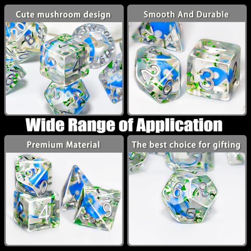 DND Dice Set, 7 Polyhedral Dice with Mushroom Design Inside, D20 Gaming Dice for Dungeons and Dragons, Clear Blue