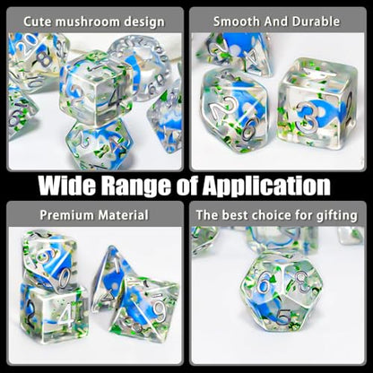 DND Dice Set, 7 Polyhedral Dice with Mushroom Design Inside, D20 Gaming Dice for Dungeons and Dragons, Clear Blue