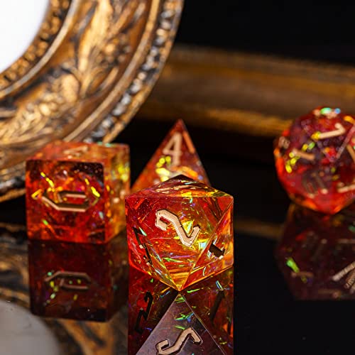 Cusdie Sharp Edges DND Dice, 7 PCs D&D Dice, Handcrafted Polyhedral Dice Set, for Role Playing Game Pathfinder (Red w/Yellow Sparkle) - color: Red W/Yellow Sparkle