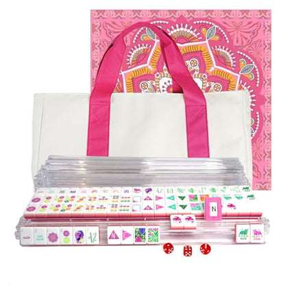 American Mahjong Game Set, Portable Carrying Bag,Acrylic 160 Tiles,Western Mahjong Tiles Set,Complete Ma Jong Set (Rose Red) - color: Rose Red
