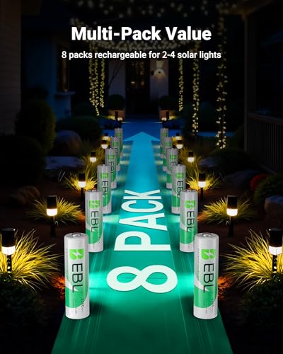 EBL AA Rechargeable Batteries, 1.2V 1100mAh High Capacity AA Battery for Solar Garden Lights (Pack of 8) | Mercury-Free, 1200 Cycles, AA Battery, NiMH, Ideal for Christmas Party Birthday Decorations Fairy Lights, LED Candles, Toys - size: Pack of 8 AA, st