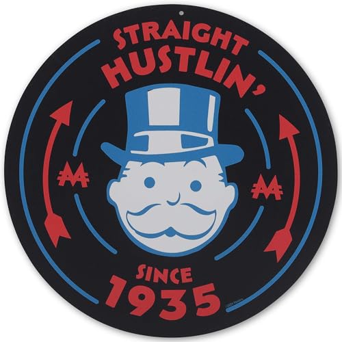 Hasbro Monopoly Straight Hustlin' Since 1935 Round Metal Sign | Fun Monopoly Wall Decor for Game Room or Man Cave - color: Blue/Red