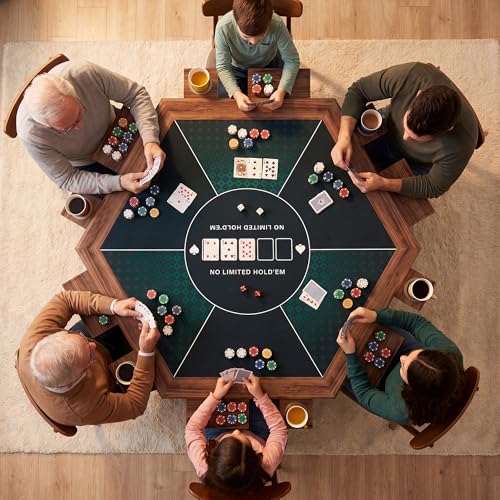 Board Game Table, 59" Hexagon Gaming Table with Removable Table Top & Poker Mat for 6 Players, Includes Detachable Cup Holders and Trays for Dining, Card, DND, Poker in Walnut - size: Hex w/Two Mats