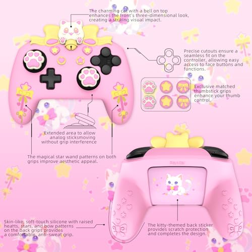 PlayVital Sweetheart Kitty Silicone Skin Compatible with Nintendo Switch Pro Controller Kawaii Anti-Slip Cover, Switch Pro Controller Joystick Grips & Protective Silicone Case - Pink - color: Pink