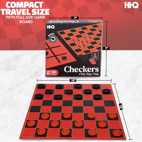 HI-Q Checkers & Tic-Tac-Toe Board Game Set – Classic Strategy for Kids & Family – Features Interlocking Stacking Pieces & Folding Board – Ages 6+