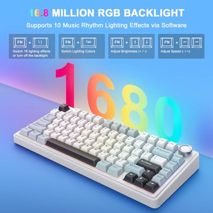 Aula F75 Wireless Mechanical Keyboard, 75% Hot Swappable Custom Gaming Keyboard with Knob,BT5.0/2.4GHz/USB-C,RGB Backlit,Pre-lubed Reaper Switches, Mechanical Gaming Keyboards (Glacier Blue) - color: Glacier Blue
