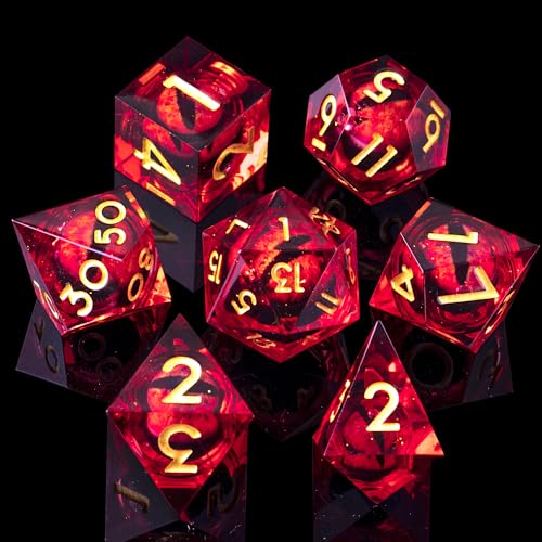 Beholder'S Eye DND Dice- Dragon Eye Liquid Core Sharp Edge Handmade Dice Set for Dungeons and Dragons Ttrpg, Multi-Sided RPG Polyhedral Resin Roleplaying（red Dargon Eye） - color: Dragon Eye-red