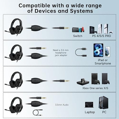 syndesmos Wired Gaming Headset for PS5, PC, Xbox Series X/S, Switch, 207g Ultra-Lightweight, Stereo Bass, 79in Cable with 3.5mm Splitter, Clear Mic, Gamer Gifts