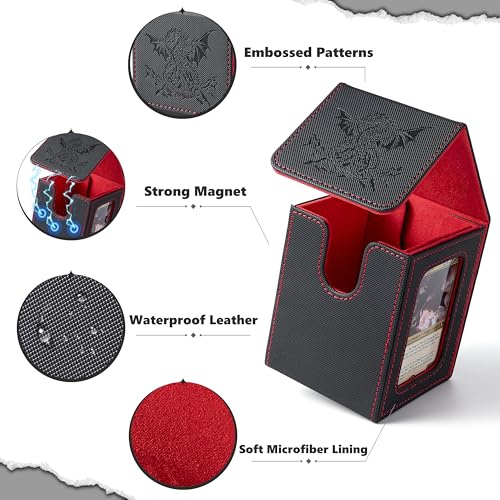 Dragon Themed MTG Deck Box with Commander Display (Black and Red) | Holds 120 Single/100 Double-Sleeved Cards, Fit MTG/PTCG/OPTCG Cards, Strong Magnet, PU Leather, With 2 Dividers & 1 Toploader - color: Dragon