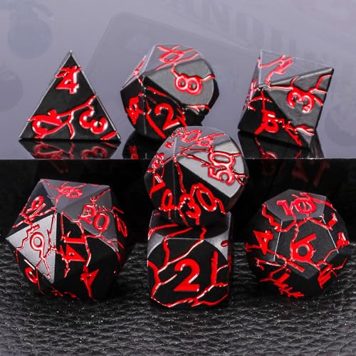 D&D Metal Dice - Sharp Edge Set with Cracks - Polyhedral for D&D RPG & Dungeons and Dragons - color: Matt Black Red