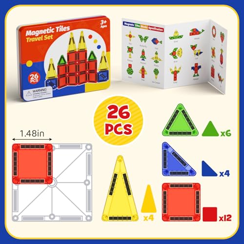 WMXDU Travel Magnetic Tiles Set: Keep Kids Quiet on Planes & in Cars | 26 Tiles -Mess-Free Creative Play. Sturdy Iron Box Doubles as a Building Base. No More Lost Pieces During Travel - style: 26pcs-Orange